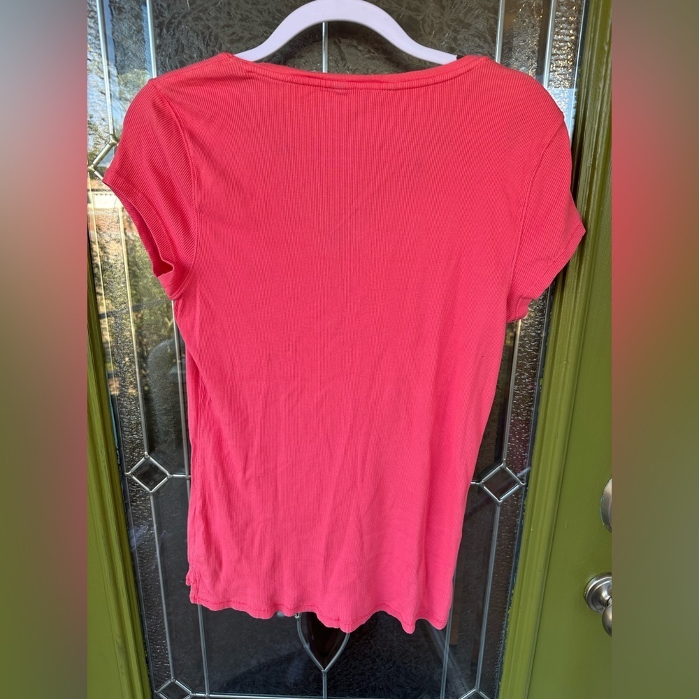 Large Ralph Lauren Pink Ribbed Baby Doll Tie V Neck Fitted Tee Cotton Y2K Cap - Picture 5 of 6